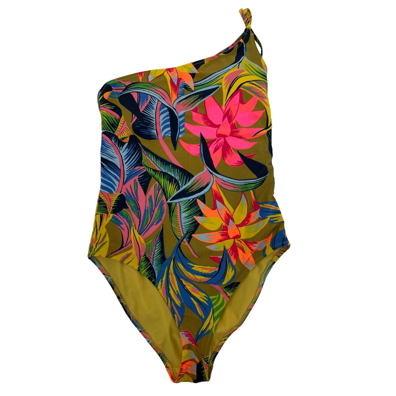 Aerie One-Shoulder Tropical Floral One-Piece Swimsuit Olive, Pink, Blue